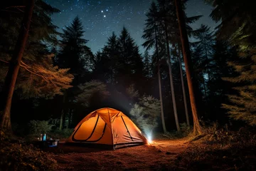 Deurstickers Nighttime camping tent amid forest. Generative AI © Celestina