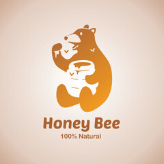 honey logo with bear, bees and honeycomb illustration