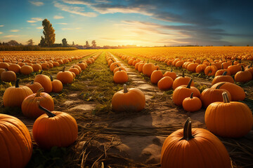 Pumpkins in the field during harvest time at fall, sunny day. Orange, vibrant pumpkins at the farm, perfect for halloween and thanksgiving. Harvester paradise.