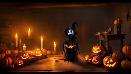 Halloween background with pumpkins, ghost, witch and haunted house