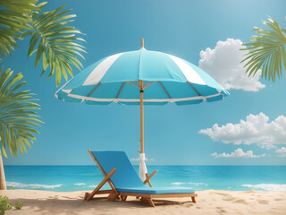 Hello Summer Design text Banner Vacation Concept. Beach Umbrella Blue Background 3D Rendering