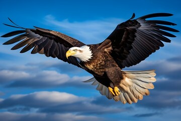 A majestic bald eagle in mid-flight, its wings outstretched against a vibrant blue sky.