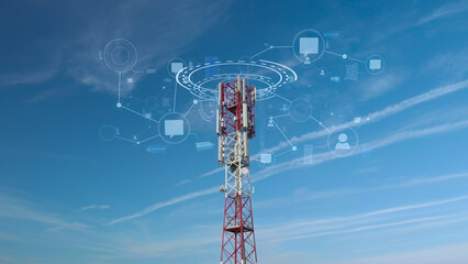  Internet of things blockchain concept, telecommunication 5G transmission tower