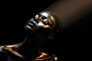 Fototapeta na wymiar african woman with golden make-up on black background