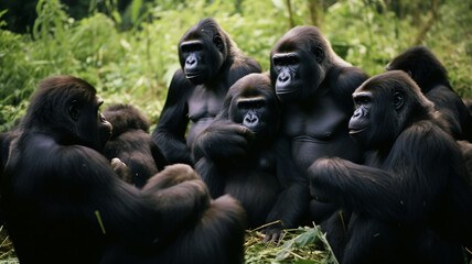 Naklejka premium A group of gorillas engaged in a grooming session, showcasing their social bonds and cooperative behavior. AI Generative.