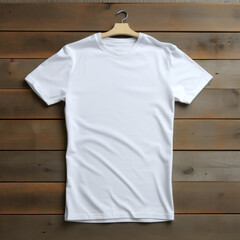 White t-shirt mockup on wooden table. Ready for your mockup design template. Blank t-shirt mockup