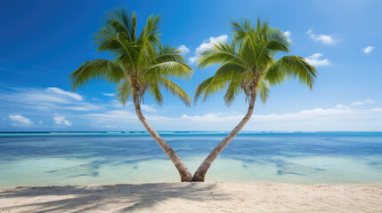 heart shaped palm trees on a tropical beach with sea background