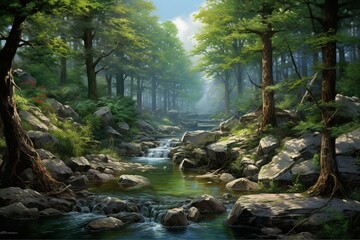 A scenic artwork depicting a flowing stream amid lush woods adorned by trees and boulders. Generative AI
