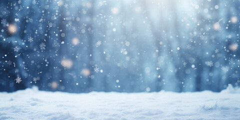 blurred blue and white winter snow christmas background with copy space