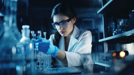 A woman scientist holds a test tube in the laboratory and conducts research