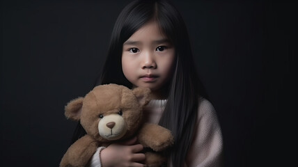 Asian girl hug her doll and cry or scare or sad or feel bad on dark background.Selective focus