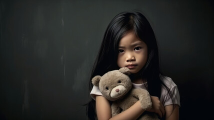 Asian girl hug her doll and cry or scare or sad or feel bad on dark background.Selective focus