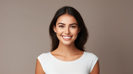 Generative AI, girl with beautiful white healthy teeth smiling, charming snow-white smile, dentistry advertising, oral care, mouth, face, cute woman, space for text, interior background