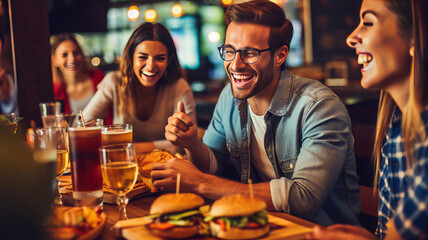 Fototapeta na wymiar Cheerful man eating burger and having fun while gathering with friends in a bar.