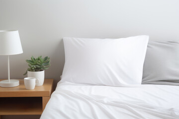 Fototapeta na wymiar White pillows, duvet case on bed. Elegant bedroom with white bedding and wooden wardrobe table with decoration. Interior design detail