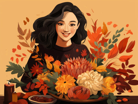 An Illustration of a Friend Showing Off a Hand Crafted Friendsgiving Centerpiece - Powered by Adobe