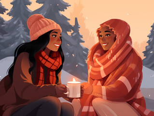 An Illustration of Friends Draped in Cozy Blankets, Sipping Hot Chocolate Outside
