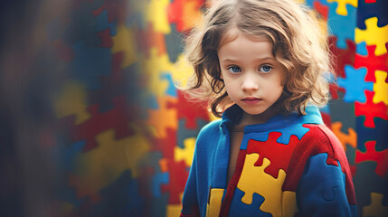 A lonely girl on a background with colorful puzzles - a symbol of autism