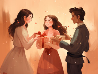 An Illustration of Friends Exchanging Hand Made Gifts