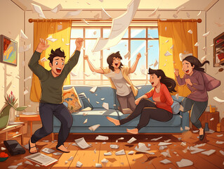 Fototapeta premium An Illustration of Friends Having a Pillow Fight in the Living Room