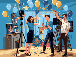 An Illustration of Friends Setting Up a DIY Photo booth with Props