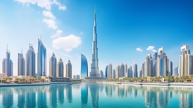 United Arab Emirates' Dubai downtown features an incredible city skyline with luxurious skyscrapers.