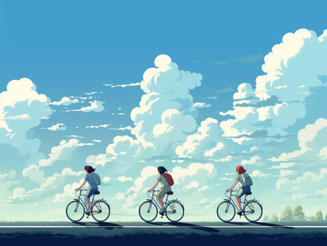 An Illustration of Friends Taking a Group Bike Ride on a Crisp Day