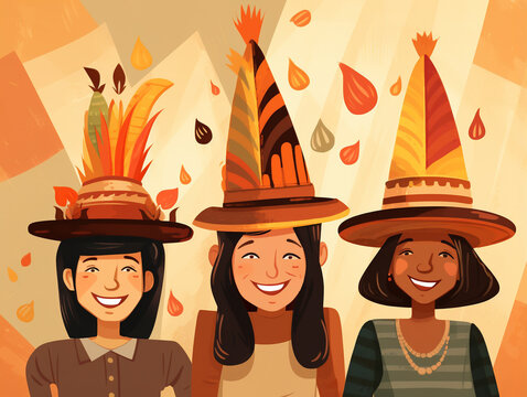 An Illustration of Friends Trying on Silly Thanksgiving Themed Hats - Powered by Adobe