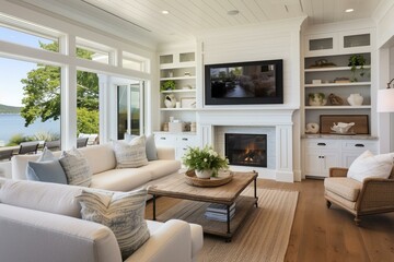 Stunning farmhouse living room in a luxury home with hardwood floors, white shiplap, fireplace, and built-in with a TV. Generative AI - obrazy, fototapety, plakaty