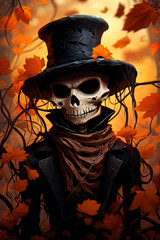 A skeleton in a hat and coat in the middle of the autumn forest. Halloween. Generative AI