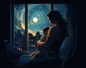 Caring and loving mother holding her baby in moonlight night, digital painting illustration art style.