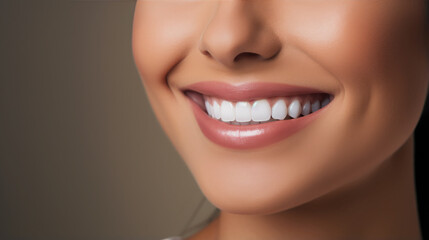 Fototapeta premium Generative AI, girl with beautiful white healthy teeth smiling, charming snow-white smile, dentistry advertising, oral care, mouth, face, cute woman, space for text, interior background