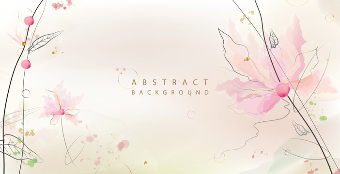 Abstract art floral background in beige and pink peach tones with outlines of flowers and leaves with golden design elements. Vector drawing for advertising banner, greeting card, invitation, covers.