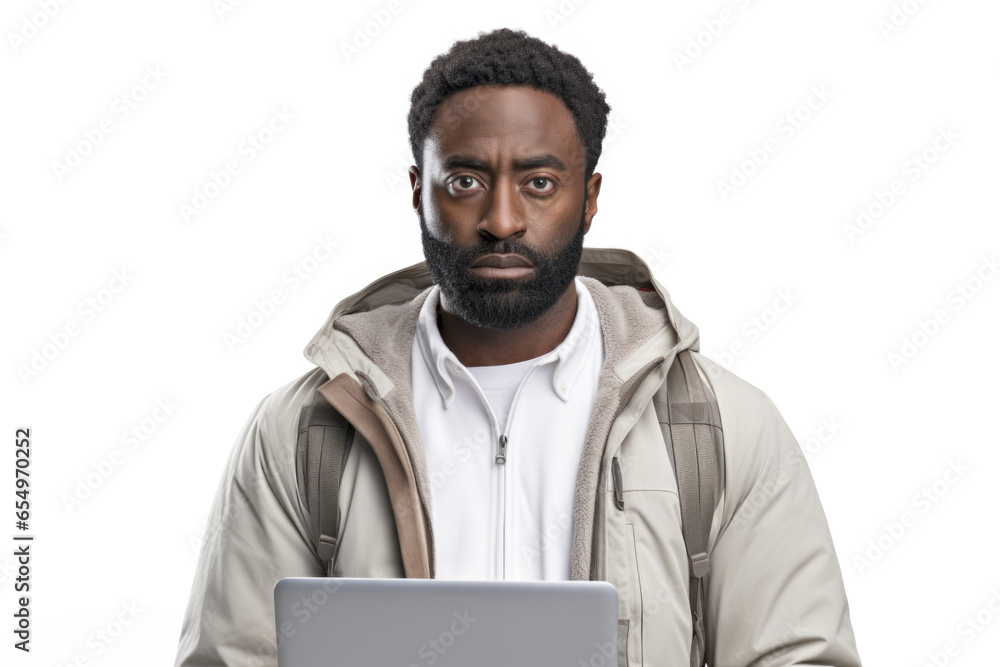 Poster A man wearing a jacket is focused on a laptop screen. This image can be used to depict technology, work, or remote work.