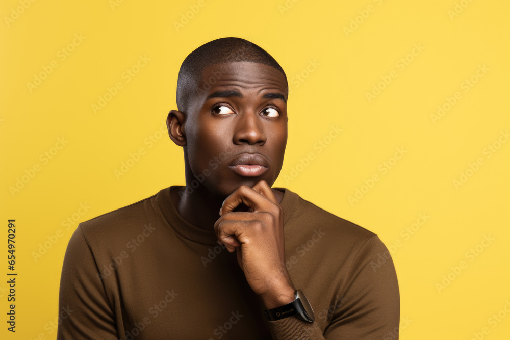 Poster a picture of a man deep in thought, with his hand resting on his chin. this image can be used to rep