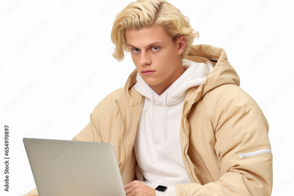 Poster a young man wearing a jacket is using a laptop. this image can be used to illustrate technology, wor
