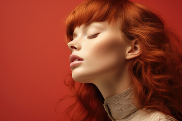 Fototapeta premium A close-up view of a woman with vibrant red hair. This image can be used to depict beauty, fashion, or individuality.