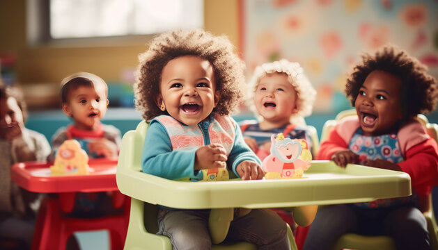 A baby is sitting in a high chair at a daycare center, surrounded by other babies and toddlers.Generative AI.