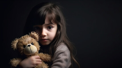 little girl hug her doll and cry or scare or sad or feel bad.