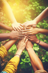 Group of diverse hands together (team work concept) - obrazy, fototapety, plakaty