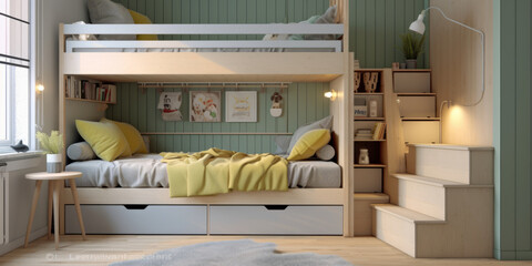 Modern teen bedroom featuring a custom-made with bunk bed, cozy and efficient - obrazy, fototapety, plakaty