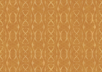 Hand-drawn unique abstract symmetrical seamless gold ornament on a yellow background. Paper texture. Digital artwork, A4. (pattern: p10-4c)