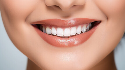 Obraz premium Generative AI, girl with beautiful white healthy teeth smiling, charming snow-white smile, dentistry advertising, oral care, mouth, face, cute woman, space for text, interior background