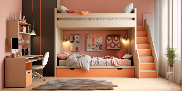 Modern teen bedroom featuring a custom-made with bunk bed, cozy and efficient