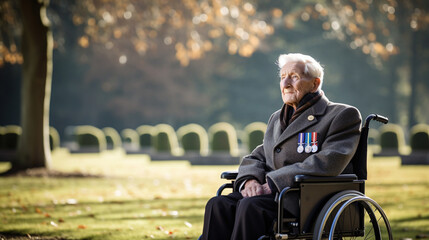 Elderly war veteran walking through a war cemetery.  - obrazy, fototapety, plakaty