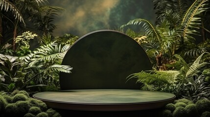 Photo of a green round podium surrounded by lush green plants in a beautifully decorated room. To be used for product photography - created with Generative AI technology - obrazy, fototapety, plakaty
