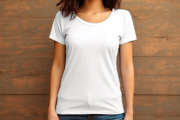 Mockup. Close up of young woman in blank white tshirt near wooden wall. Mock up template for t-shirt design print