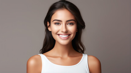 Generative AI, girl with beautiful white healthy teeth smiling, charming snow-white smile, dentistry advertising, oral care, mouth, face, cute woman, space for text, interior background - obrazy, fototapety, plakaty