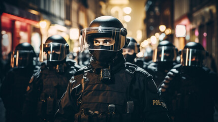 Uniformed riot police in an urban city during a time of troubles.  - obrazy, fototapety, plakaty