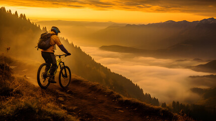 Mountain Biker Conquering the Sunset Peak, Embracing the Thrill of Nature's Beauty, generative ai 